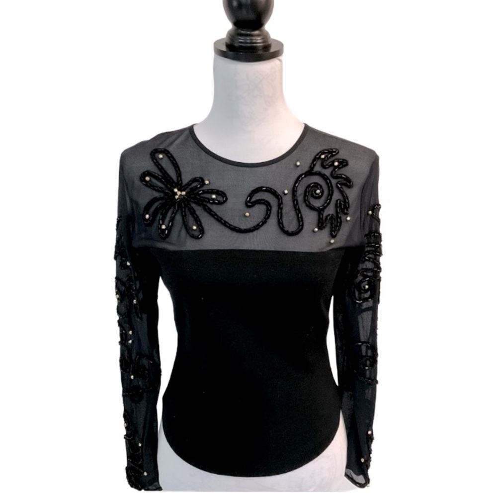 ANDREA JOVINE 100% WOOL BODY MESH TOP WITH ROPING FLOWER BEADING NWOT SIZE M